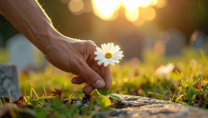 A Hand Gently Places a White Daisy on a Grave in a Sunlit Cemetery at Dusk Symbolizing Remembrance and Peace
