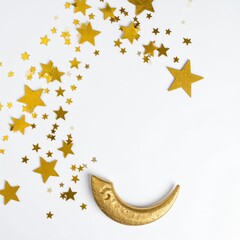 Scattered Golden Star Confetti And Crescent Moon Decoration On A White Background With Soft Lighting Creating A Festive Atmosphere