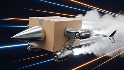 A cargo package attached to rocket engines is flying quickly through light trails
