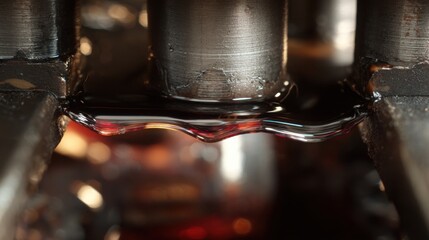 temperature stress on engine oil film, macro mechanical visualization, darkened lubricant layer, precise engineering mood