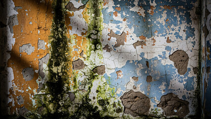 Peeling Painted Urban Wall Texture in Rainy City Street with Weathered Blue and Orange Colors