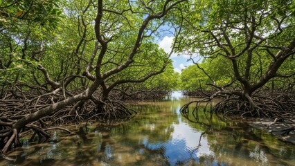 Lush mangrove forest landscape reflecting in calm water under blue sky