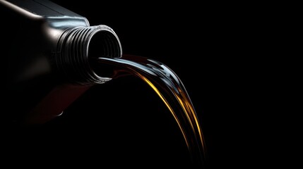 used motor oil poured slowly from container, deep black color, viscous texture emphasis, studio lighting, automotive maintenance concept
