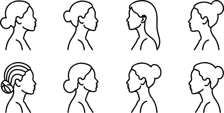 set of minimalist line art female profiles in various hairstyles