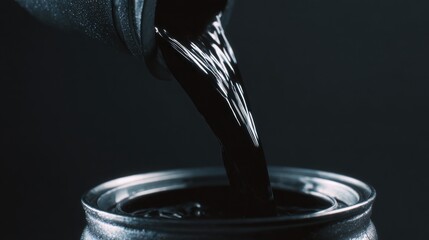 used motor oil poured slowly from container, deep black color, viscous texture emphasis, studio lighting, automotive maintenance concept
