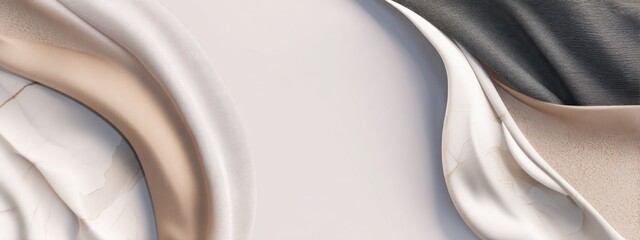 Wide abstract luxury surface with flowing curves, matte stone and silk textures, minimalist high end design, panoramic composition with empty central