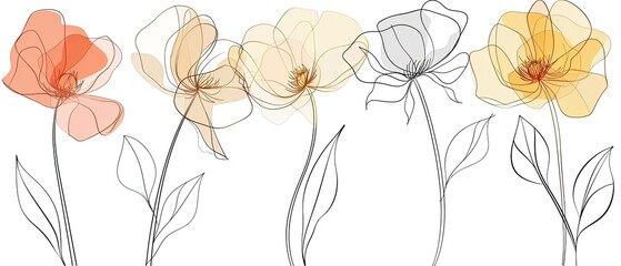 A floral illustration showcases five stylized flowers with varying colors and delicate linear details