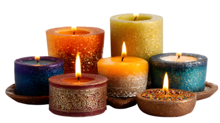 Three glowing wax candles burn with a romantic flame against a dark red background, creating a warm holiday celebration light in the night