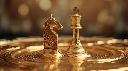 Golden chess king and queen abstractly emerging from a liquid gold base with intricate details and textured metallic surfaces, conveying a strategic business decision concept, set against a luxury bac