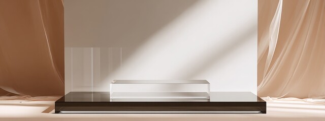 Wide acrylic podium scene, transparent glossy surfaces, minimal shadows, commercial product banner background, elegant modern look, ample space
