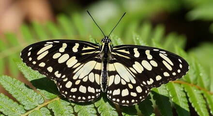 Elegant Black and White Butterfly Resting on Green Fern.