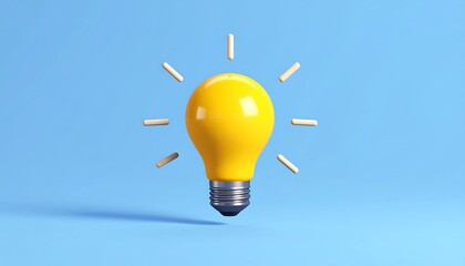 Bright Yellow Light Bulb Idea Symbol on Blue Background.