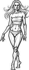Female body sketch, artistic line drawing of woman figure, fashion illustration, anatomy pose reference for design, tattoo, and art study