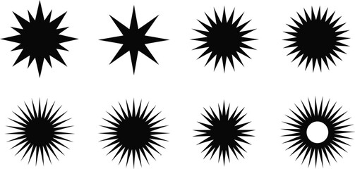 Abstract black starburst and sunburst shapes collection, graphic design elements isolated on white background, perfect for various creative projects and visual enhancements.