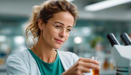 Young female scientist with glasses examining liquid in test tube in laboratory with microscope, focused and calm expression