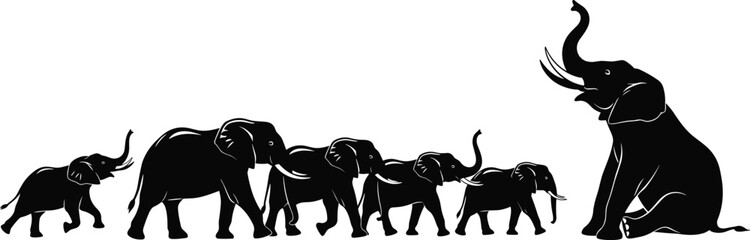 Elephant family walking together silhouette, wildlife animal herd, black and white elephant illustration, mother and baby elephants, safari nature design art © Rafin's World