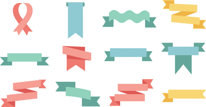 Vibrant collection of colorful flat design ribbons and banners, perfect for graphic design projects, web elements, decorative accents, and festive celebrations. A versatile set of modern vector illust
