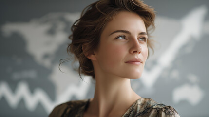 A profile portrait of a businesswoman double-exposed with upward financial charts and global maps, representing career growth, leadership, and international success. cinematic color correction,