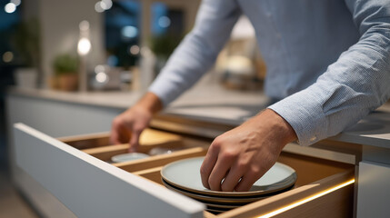 A minimalist enthusiast clearing crowded kitchen countertops, placing only essential cookware back into neatly organized drawers, creating a serene and functional cooking space that reflects modern