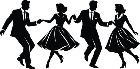 Elegant vintage couples dancing silhouette illustration, retro ballroom swing dancers in classic dresses and suits, romantic music celebration artwork