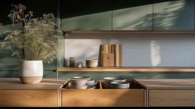 A minimalist enthusiast clearing crowded kitchen countertops, placing only essential cookware back into neatly organized drawers, creating a serene and functional cooking space that reflects modern
