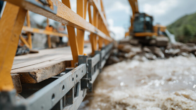 A temporary emergency bridge deployed by rescue crews after a flood, modular metal sections locking together as heavy equipment crosses with precision &mdash; disaster engineering, rapid-response