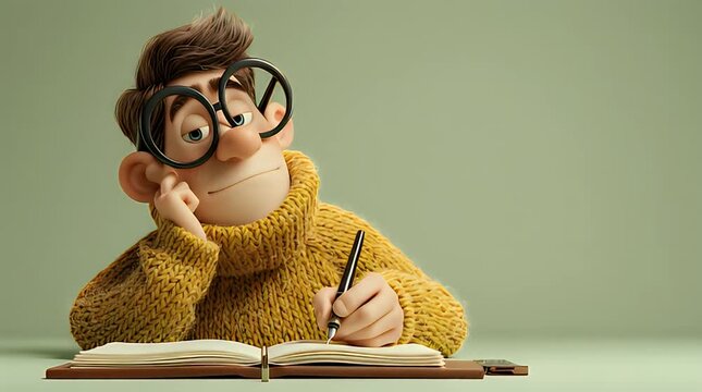 Creative young man in cozy sweater diligently writing in a notebook, inspired by imagination