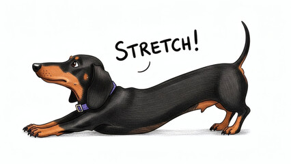 Fototapeta premium Cute Cartoon Dachshund Dog Stretching with Text, Funny Wiener Dog Doing Yoga Pose Illustration