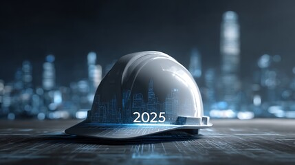 A futuristic construction helmet with 2025 displayed over a cityscape backdrop