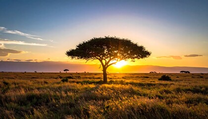 Serene African Savannah Acacia Tree at Golden Hour Sunset.