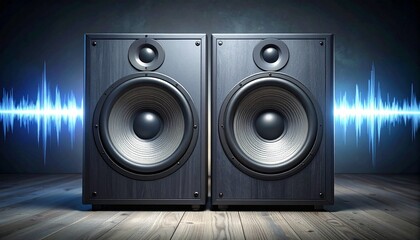 Outdoor Loudspeakers with Silver Cones on Wooden Surface Against Cloudy Sky and Waterfront Background