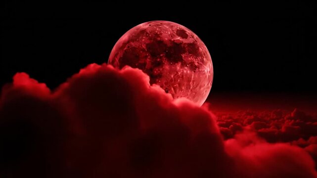 A large red moon rising above dark red clouds in a dramatic nighttime scene