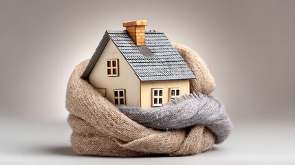 A small house model wrapped in a cozy scarf, suggesting warmth and protection