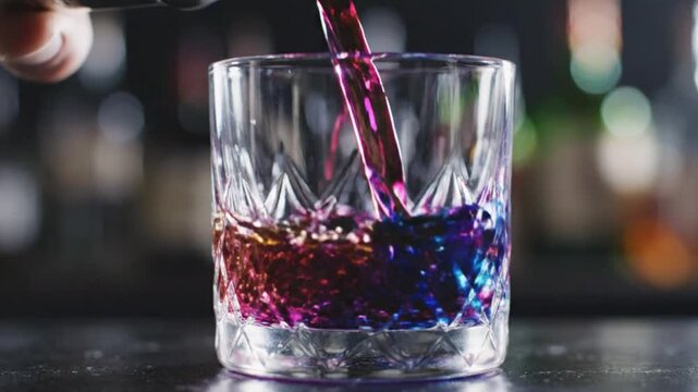 Colorful liquid pouring into glass with ice on dark background  