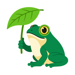 Obraz premium Cute Frog Holding Green Leaf Umbrella, Cartoon Style, White Background