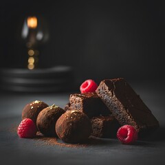 Gourmet Chocolate Brownies and Truffles with Raspberries on Dark Background