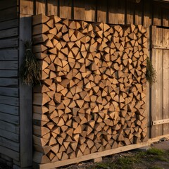 Sunlit Chopped Firewood Stacked Against Rustic Wooden Wall