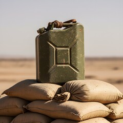 Weathered green military jerry can standing on a stack of sandbags in a desert environment