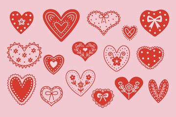 Hand drawn folk hearts illustration set in cozy Scandinavian style. Naive doodle romantic elements with decorative patterns. Perfect for Valentines Day, wedding, cards, stickers and wrapping paper. © Colomba Rossa