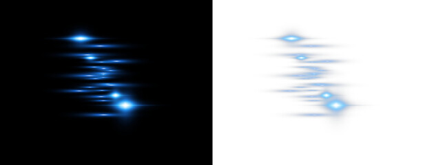 Abstract blue glowing light streaks with horizontal lens flare effects isolated on black and transparent backgrounds