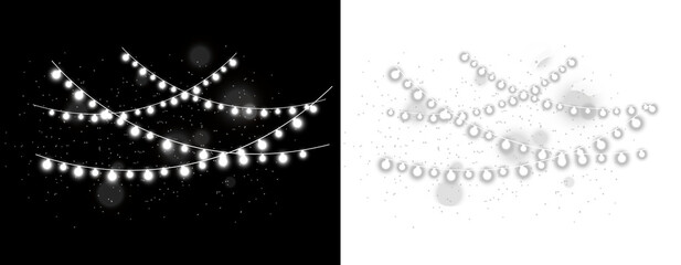 Glowing white string light garlands with hanging bulbs isolated on black and transparent backgrounds