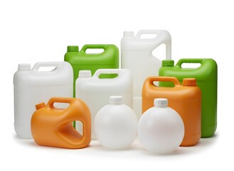 Various colored plastic containers and canisters for industrial or household liquids, isolated on white background