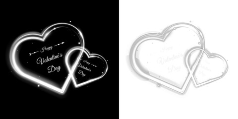 Glowing white neon double heart shapes with valentine lettering and light effects isolated on black and transparent backgrounds