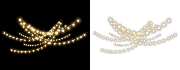 glowing golden string light garlands with festive bulb chains isolated on black and transparent backgrounds