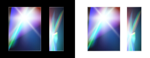 abstract holographic glass panels with colorful light refraction isolated on black and transparent backgrounds