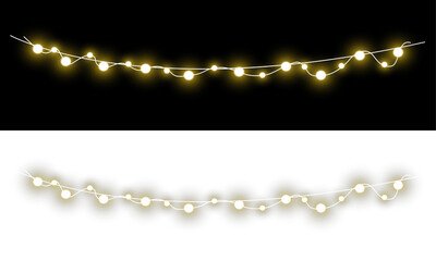 glowing golden string light garlands with festive bulb chains isolated on black and transparent backgrounds