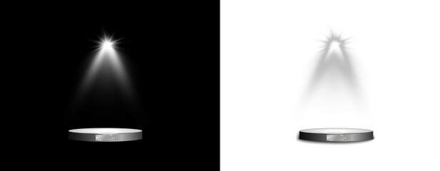 realistic spotlight beams with illuminated podium platforms isolated on black and transparent backgrounds