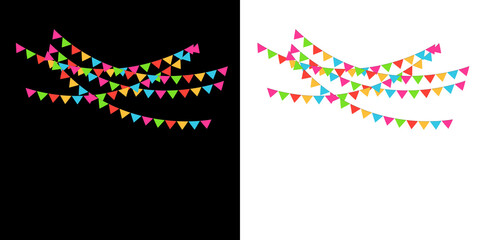 Colorful party bunting garlands with triangular flags isolated on black and transparent backgrounds