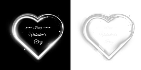 Glowing white neon double heart shapes with valentine lettering and light effects isolated on black and transparent backgrounds