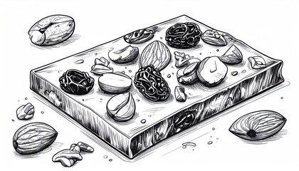 Hand-drawn illustration of a nut and fruit bar.